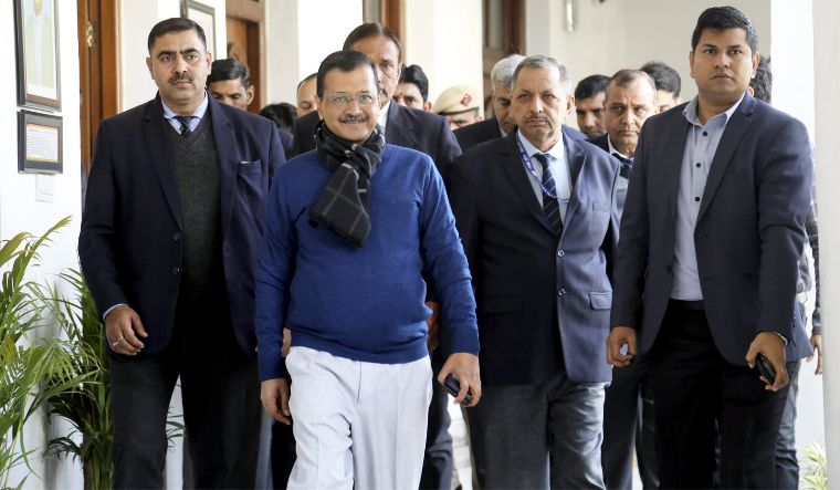 Delhi Chief Minister Arvind Kejriwal arrives at the Vidhan Sabha, in New Delhi, on Saturday, February 17, 2024